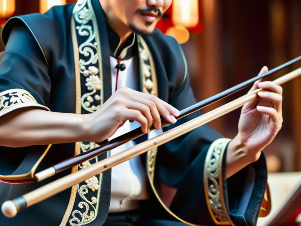 Un músico hábil toca el erhu, mostrando la tradición y el sonido del erhu en un entorno cálido y auténtico