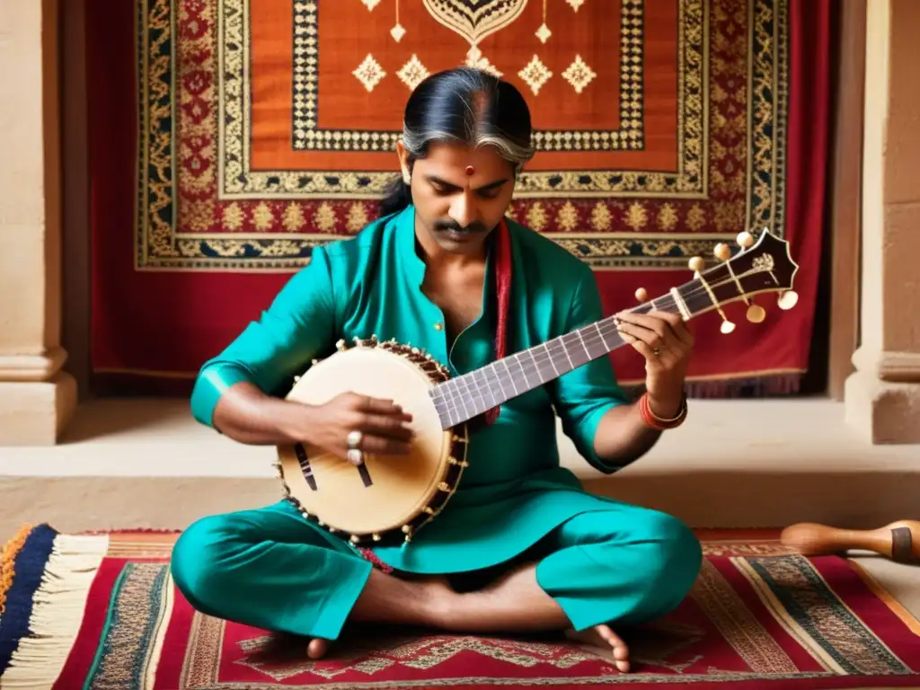 Un músico hindú toca el sitar en una escena colorida y llena de tradición, con influencia psicodélica del sitar indio