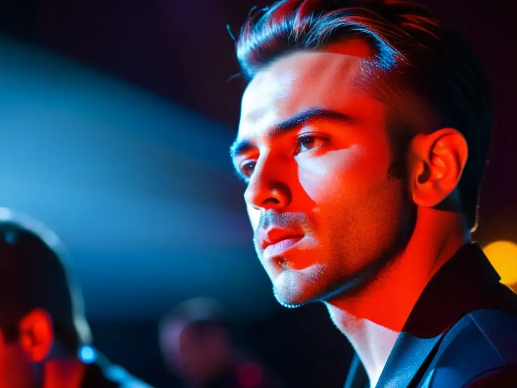 Un músico en el escenario crea capas de música en vivo con equipos de loop, en una actuación llena de emoción y energía