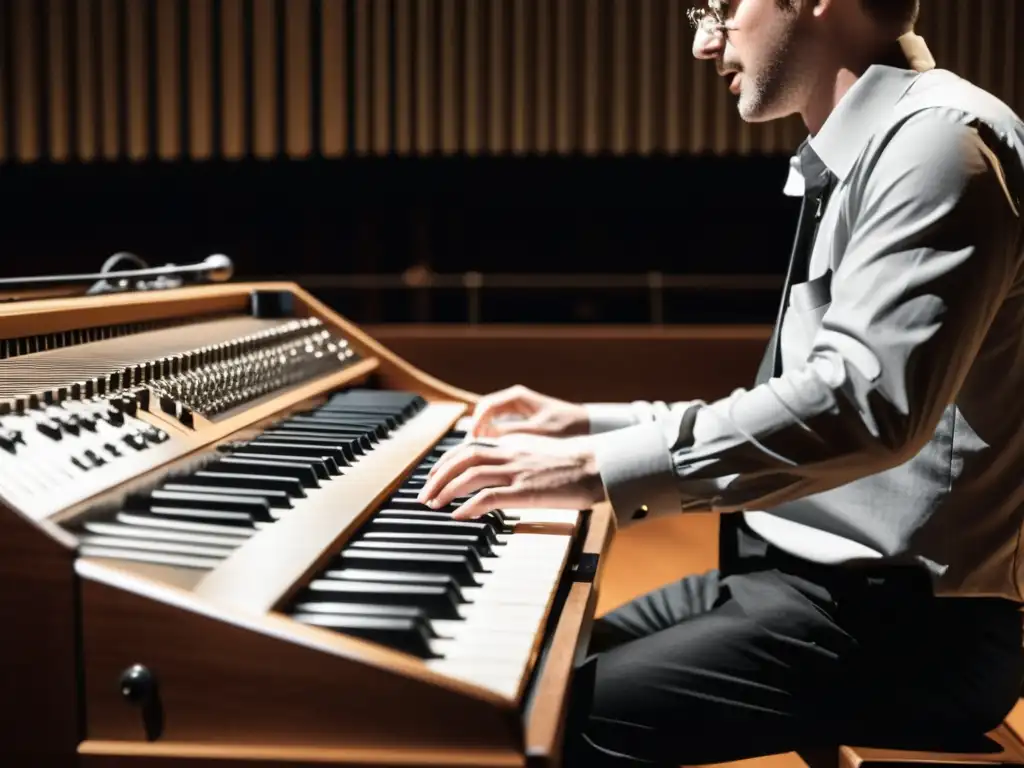 Un músico toca el Ondes Martenot en un escenario histórico, creando un ambiente evocador