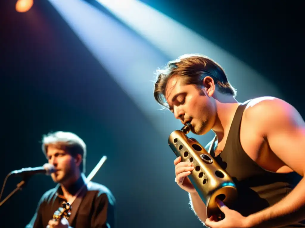 Un músico toca la ocarina con pasión en el escenario, iluminado por luces dramáticas, mientras el público refleja la emoción