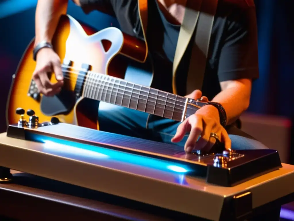 Un músico toca una lap steel guitar en un escenario iluminado cálidamente, creando el sonido deslizante distintivo