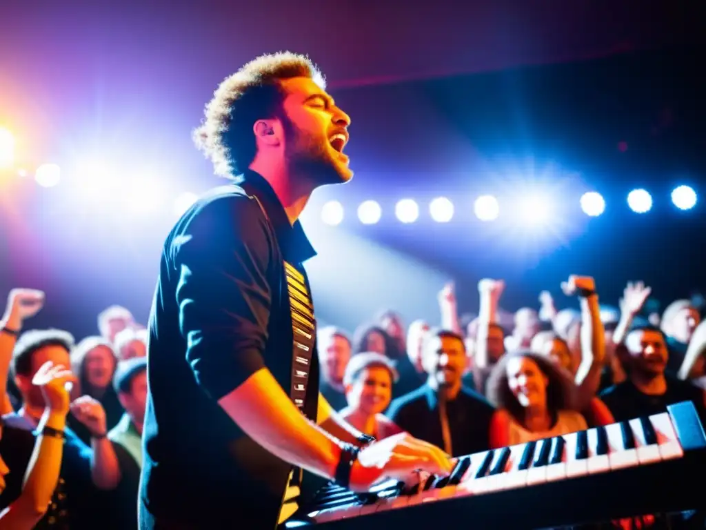 Un músico en el escenario con un keytar mientras la multitud emocionada lo rodea