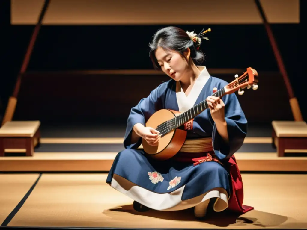 Un músico de shamisen actuando en un escenario moderno, demostrando la influencia global de los instrumentos musicales asiáticos en Occidente