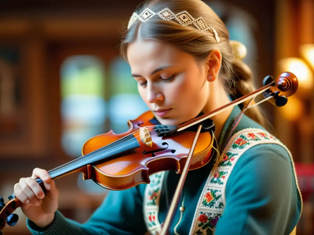 Un músico toca el Hardanger fiddle en un escenario noruego tradicional con detalles decorativos mientras sus dedos crean un movimiento hipnótico