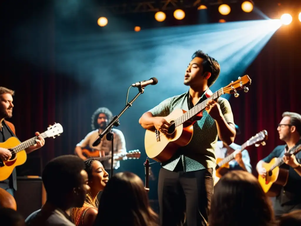 Un músico toca el ukelele en un escenario rodeado de otros músicos, destacando la intensidad del espectáculo y la fusión de géneros musicales