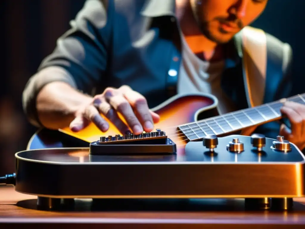 Un músico toca una lap steel guitar en un escenario tenue, destacando el sonido deslizante de la lap steel guitar