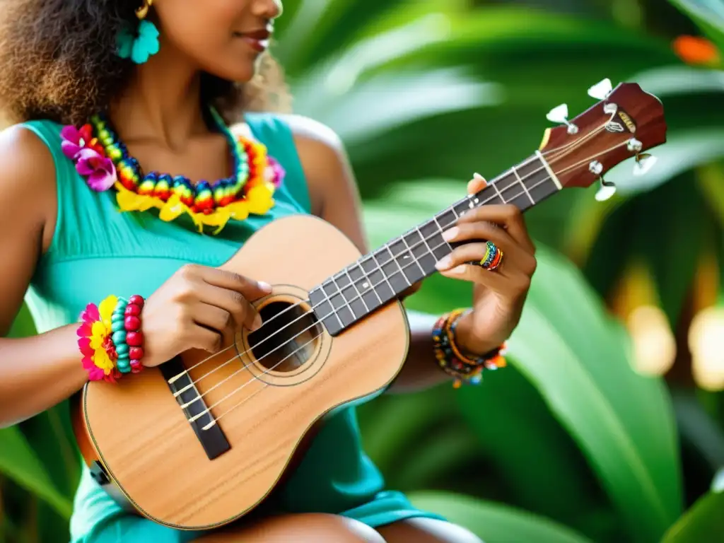 Un músico toca un ukelele en un escenario tropical, mostrando destreza y creatividad en su improvisación tropical con ukelele