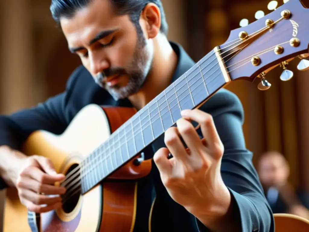 Un músico toca una guitarra española clásica, con detalles de las cuerdas, trastes y sus manos en movimiento