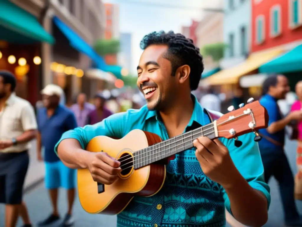 Un músico toca el ukelele en una esquina concurrida, atrayendo a transeúntes con su música