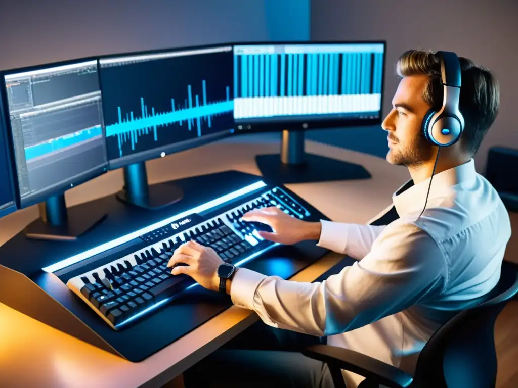 Un músico ajusta su estación de trabajo digital, con ergonomía en instrumentos digitales musicales para una postura cómoda y profesional