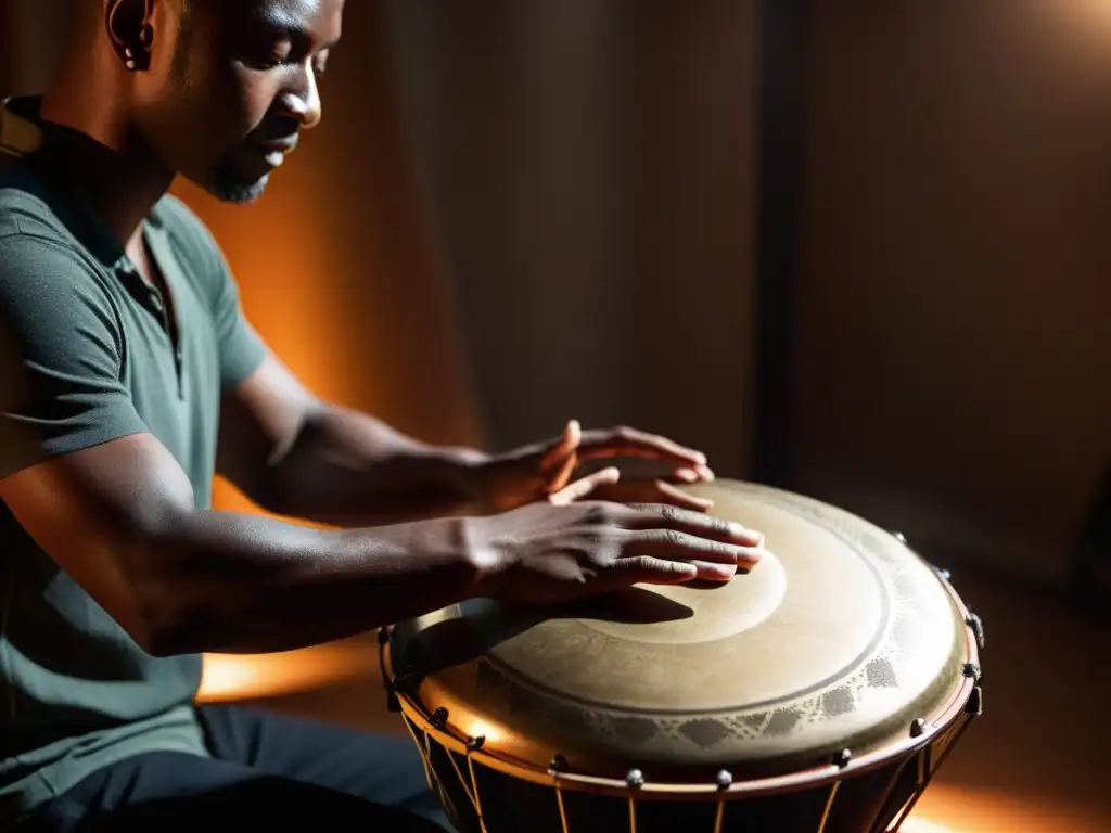 Un músico hábil toca el Hang Drum en un estudio de grabación, con luces cálidas enfocando las manos y creando sombras dramáticas