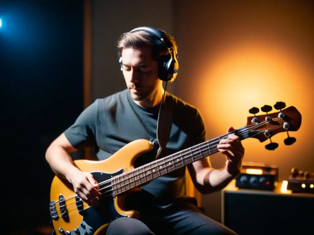 Bajista improvisando en estudio de grabación Un músico improvisa en el estudio, creando líneas de bajo dinámicas y creativas