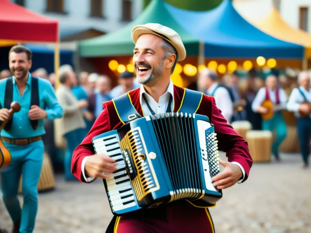 Un músico folk europeo toca el acordeón diatónico en un animado festival al aire libre, rodeado de una multitud entusiasta