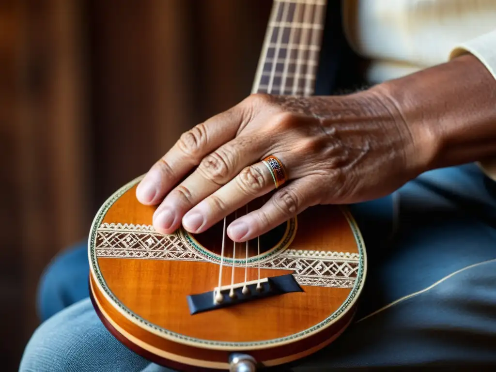 Un músico experimentado toca con pasión un cavaquinho, mostrando la historia y la pasión en sus manos hábiles