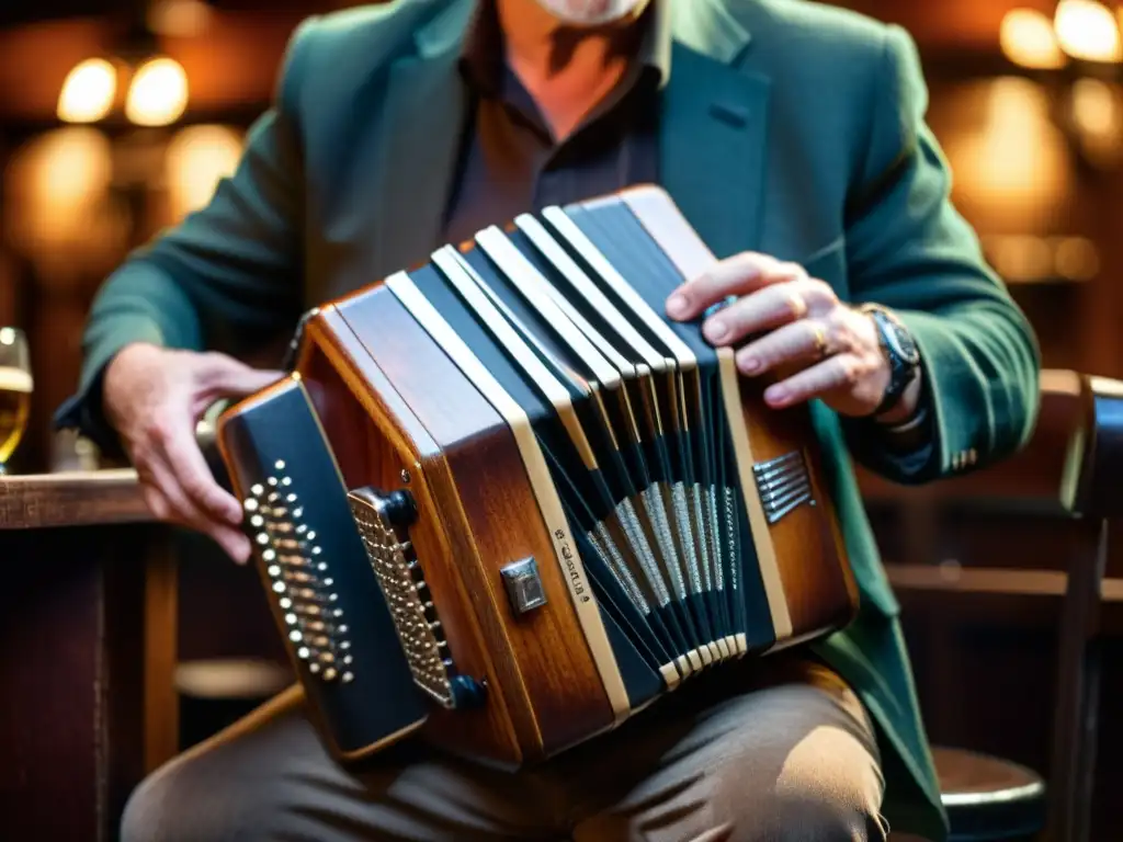 Un músico experimentado toca una concertina en un pub atmosférico