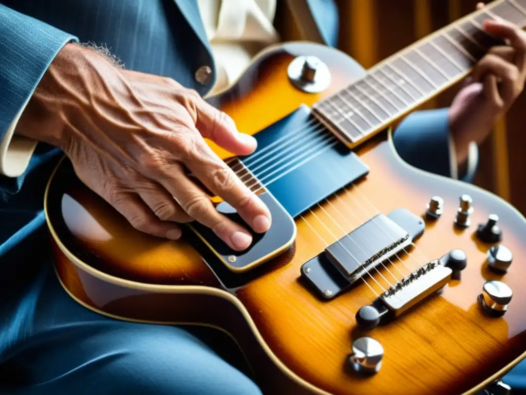 Un músico experimentado toca con maestría una slide guitar vintage, mostrando la rica historia y la técnica del slide guitar