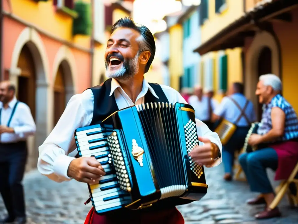 Un músico experto tocando el acordeón en una animada fiesta de tarantela en un pueblo italiano