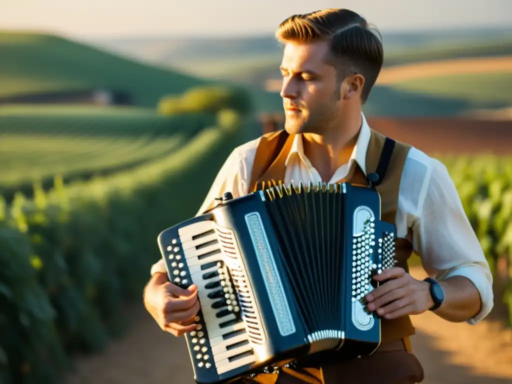 Un músico experto tocando un acordeón diatónico en un escenario campestre francés, inmerso en la música y la concentración