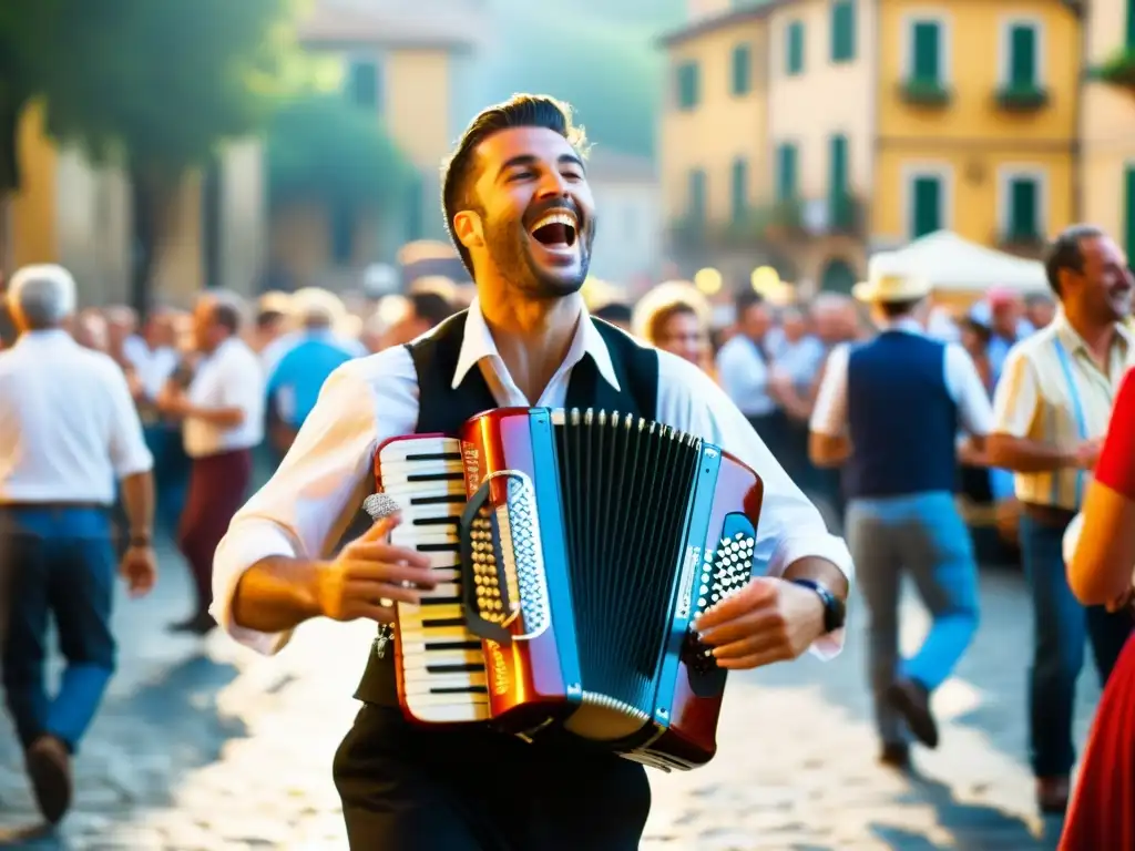 Un músico experto toca el acordeón en festival italiano, con una multitud animada