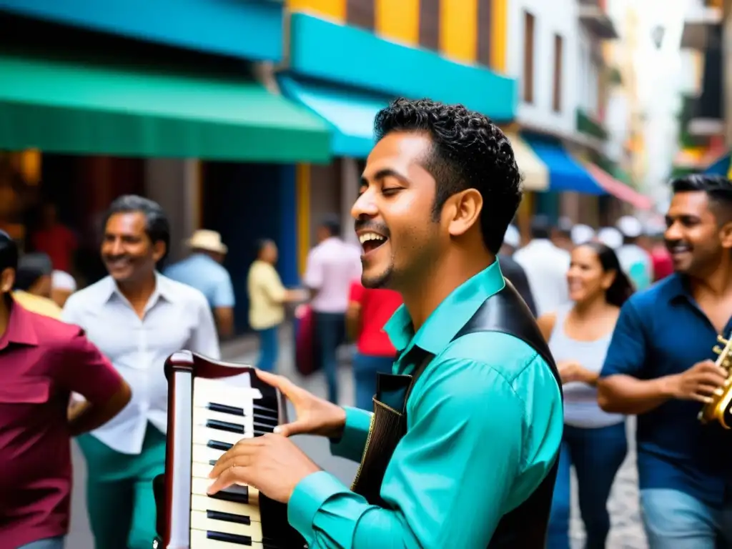 Un músico experto toca el acordeón de viento en una animada esquina de una ciudad latinoamericana, rodeado de un público diverso y entregado