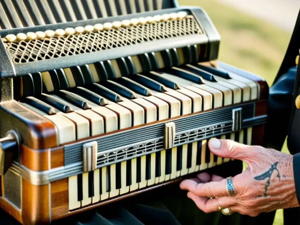 Un músico experto toca un acordeón vintage, resaltando la historia del acordeón en folklore con sus manos tatuadas