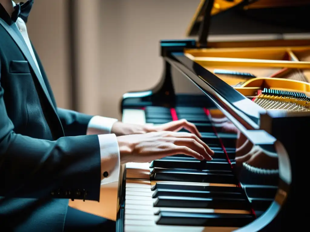 Un músico experto prepara actuaciones en vivo con pasión y destreza, tocando un piano de cola con elegancia y emoción