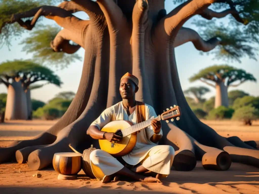 Un músico experto toca un kora africano bajo un baobab centenario, creando una atmósfera única que captura la historia y sonido del kora africano