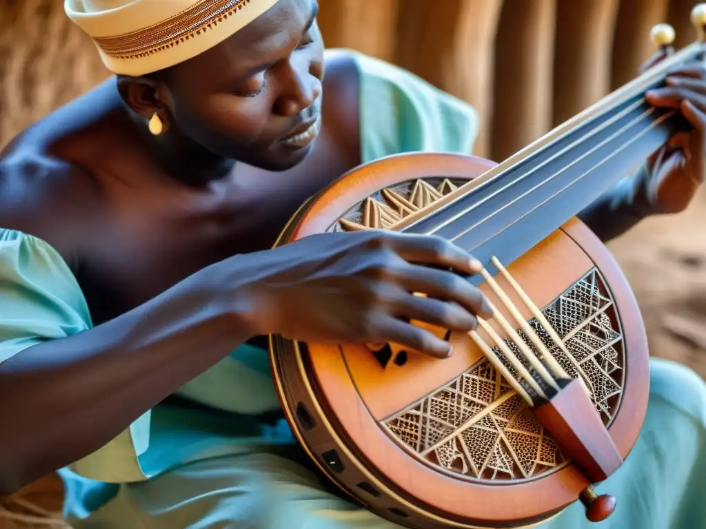 Un músico experto toca el Akonting de Gambia, destacando su artesanía única y su significado cultural en un entorno tradicional Jola