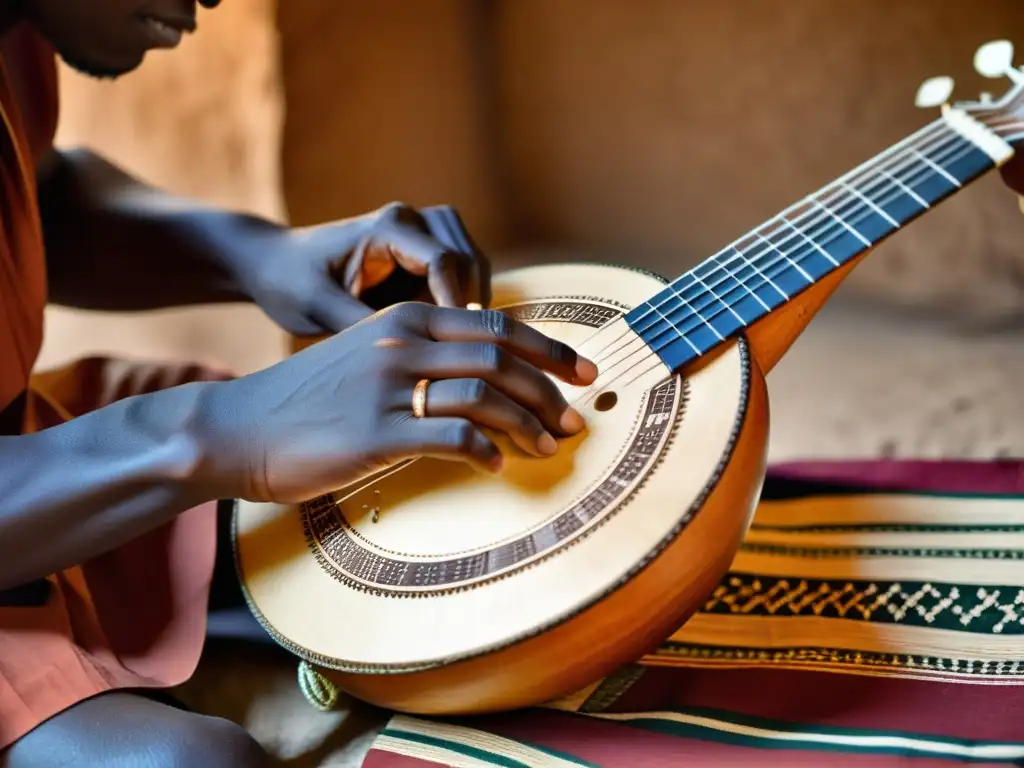 Un músico Jola experto construyendo un Akonting de Gambia, destacando la herencia cultural y la artesanía de este instrumento tradicional