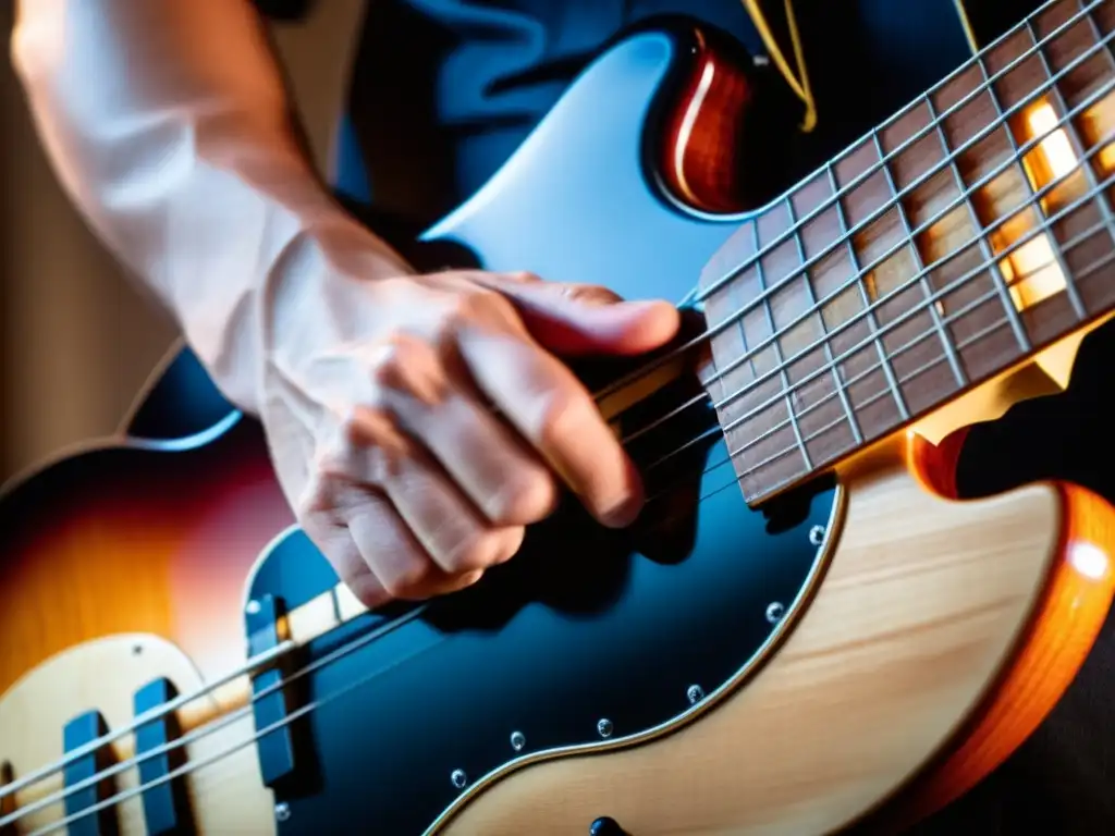 Un músico experto toca el bajo eléctrico con destreza, mostrando la dedicación y pasión por el instrumento