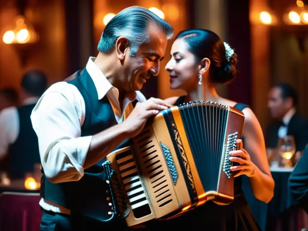 Un músico experto tocando el bandoneón en un club de tango tradicional, con una atmósfera nostálgica y pasional