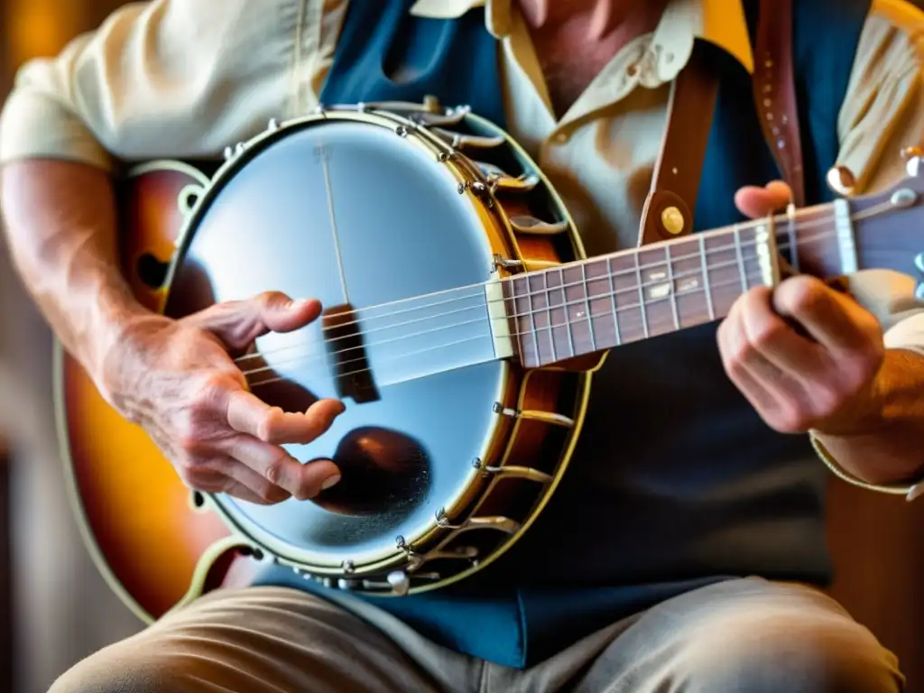 Un músico experto en bluegrass toca el banjo, mostrando destreza y pasión