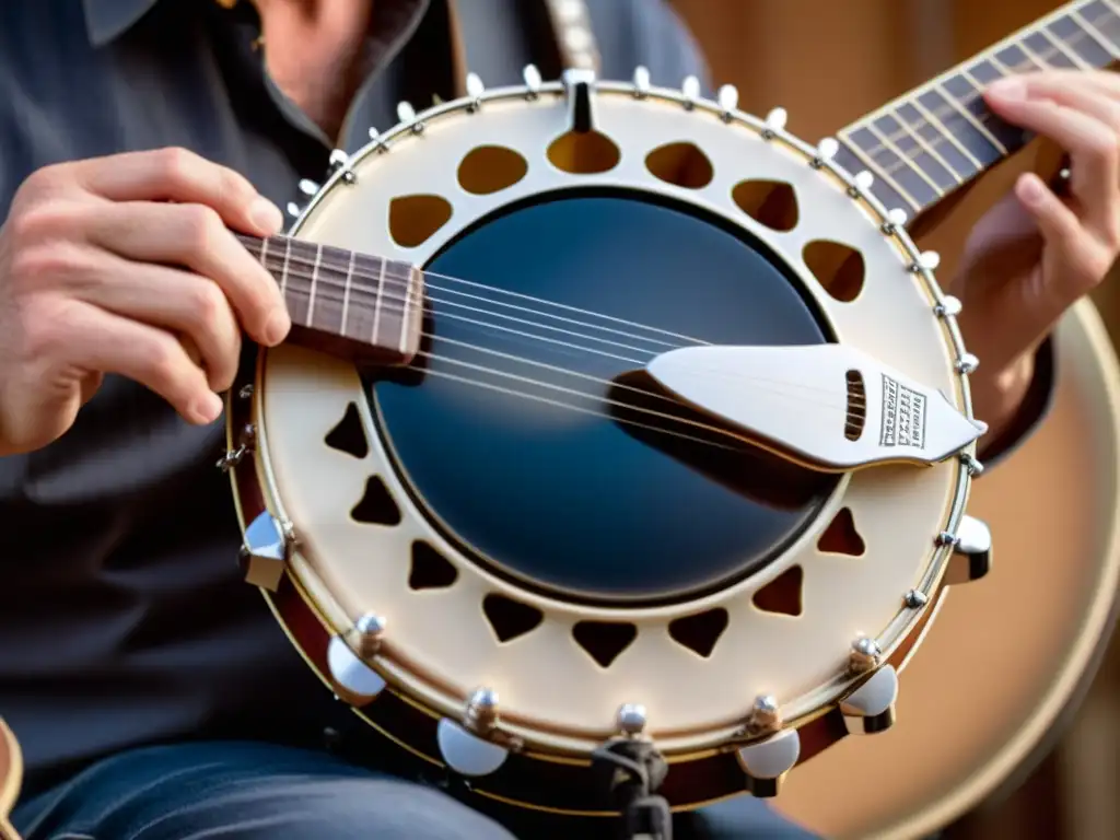 Un músico experto toca el banjo eléctrico con precisión, fusionando lo tradicional con lo moderno