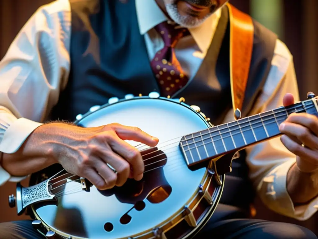 Un músico experto toca el banjo con ritmos sincopados, mostrando destreza y pasión por la música