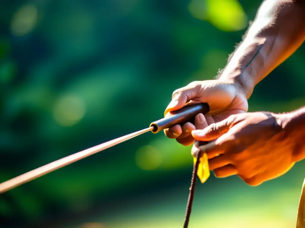 Un músico experto toca el berimbau en la selva amazónica, con luz y sombra creando una atmósfera mágica