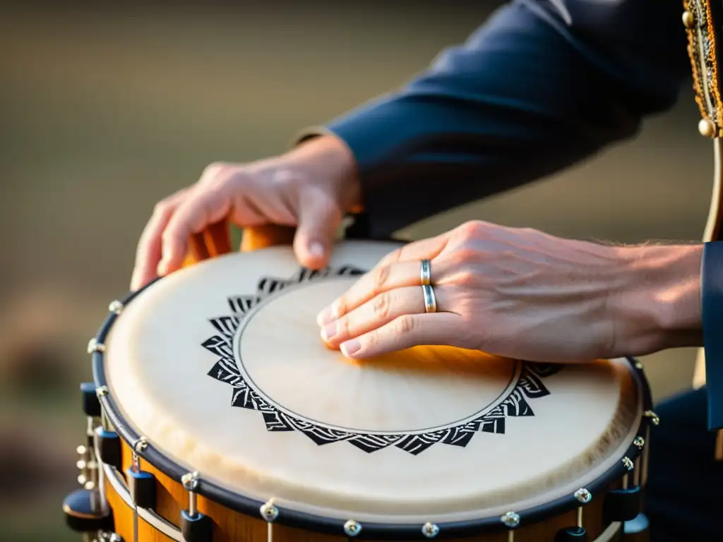 Un músico experto toca el Bodhrán con destreza, mostrando la técnica y el origen del instrumento en la música celta