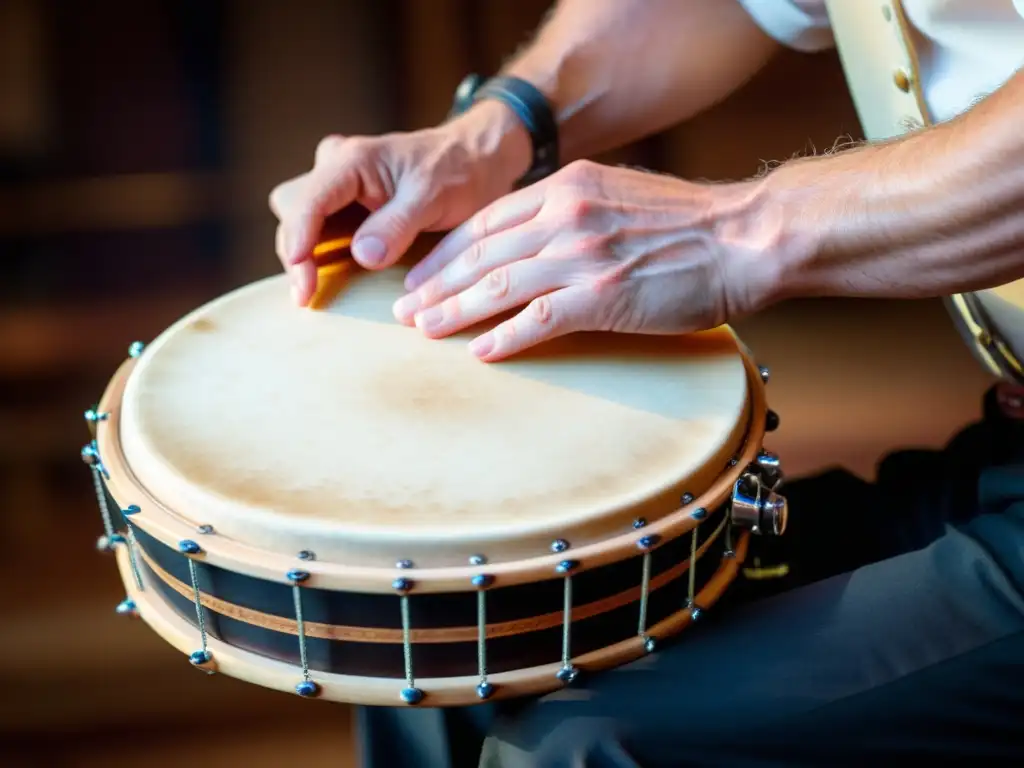 Un músico experto toca un bodhrán irlandés, mostrando la destreza y pasión en cada golpe