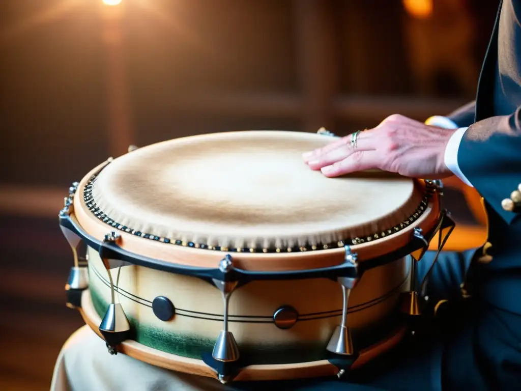 Un músico experto toca un bodhrán irlandés, mostrando la destreza y energía de la tradición musical