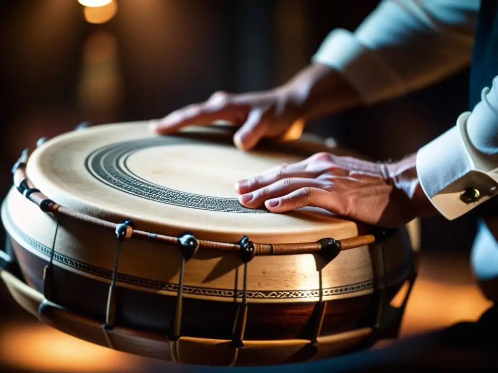 Un músico experto tocando un Bodhrán tradicional en una atmósfera envolvente