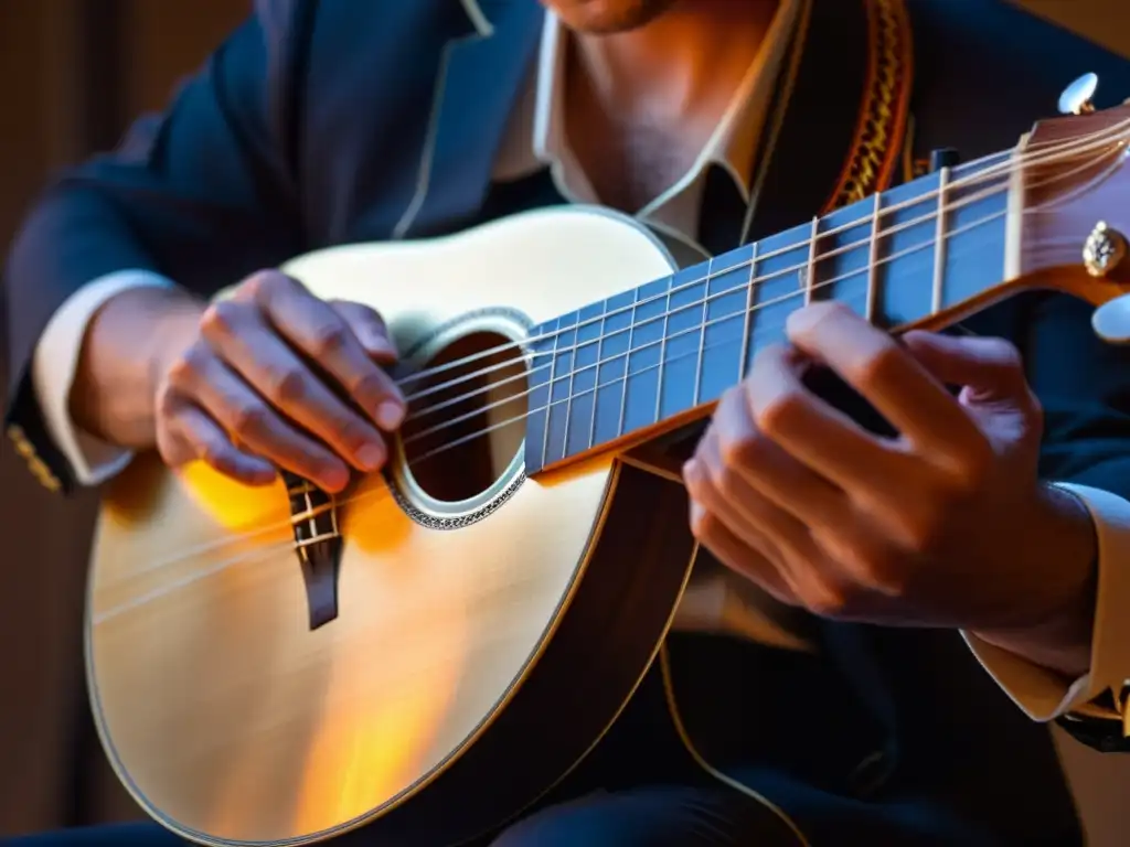 Un músico experto toca un bouzouki eléctrico, mostrando destreza y pasión