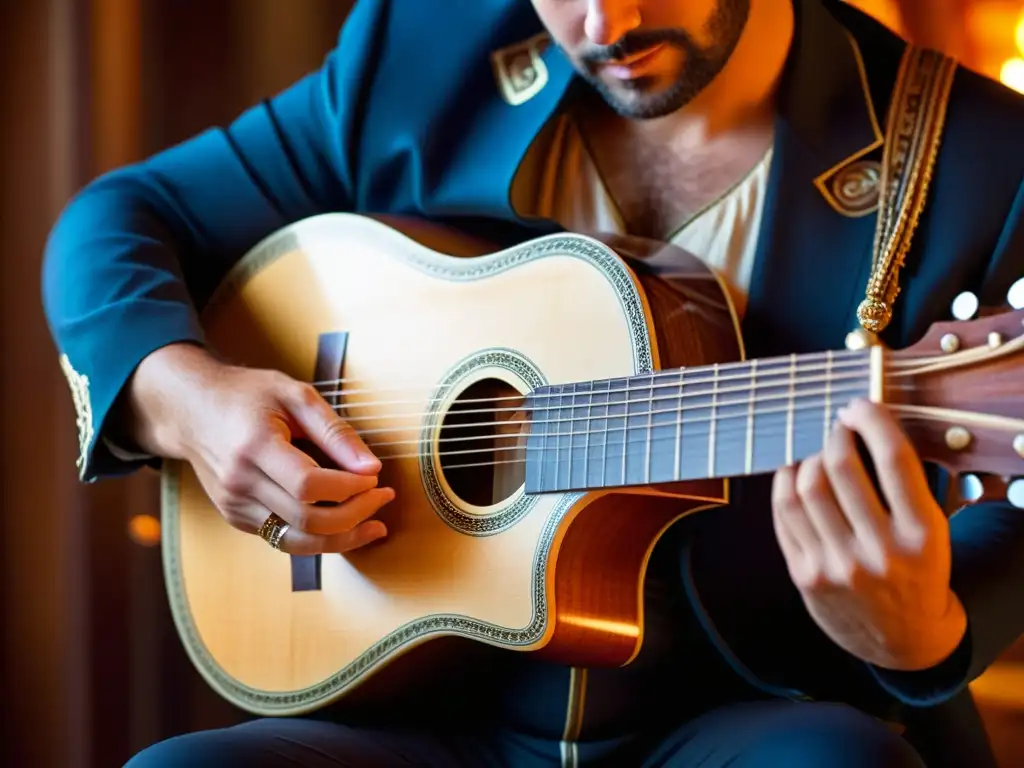 Un músico experto toca un bouzouki griego, resaltando la historia y relevancia cultural del instrumento