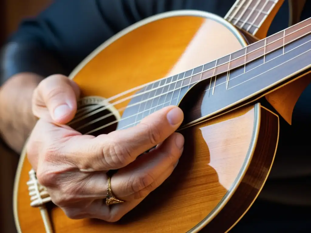 Un músico experto tocando un bouzouki griego, destacando la destreza y pasión por la música tradicional griega