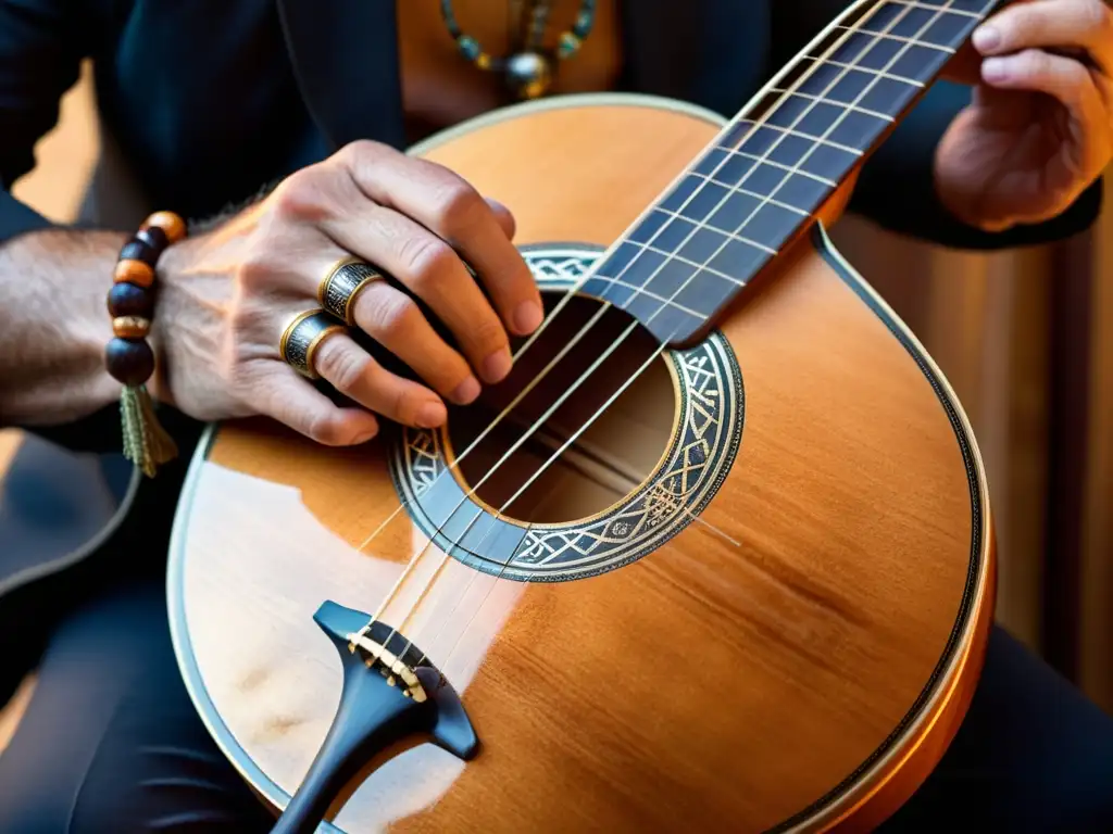 Un músico experto toca el bouzouki griego, mostrando la historia y la riqueza de los géneros musicales