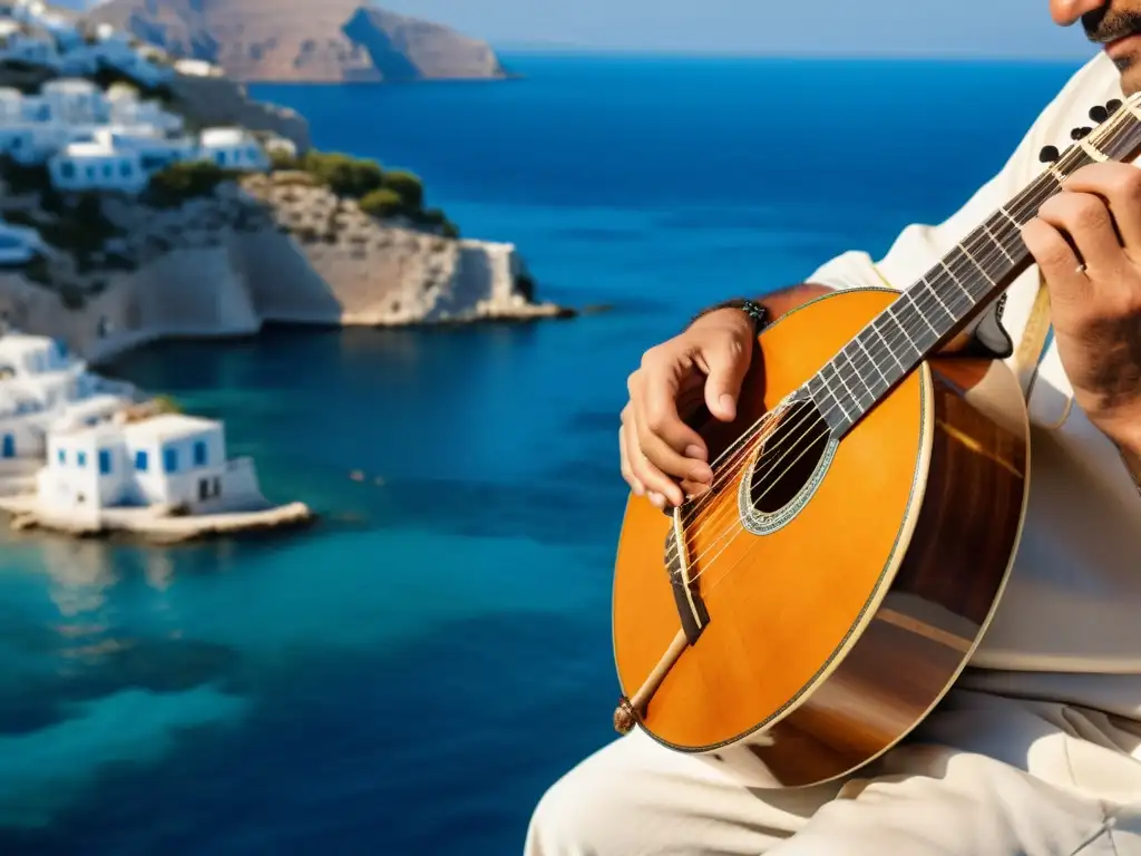 Un músico experto toca un bouzouki griego tradicional en una pintoresca isla griega