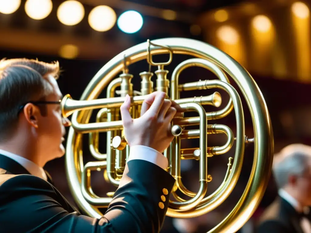 Un músico experto toca una tuba brillante con detalles dorados