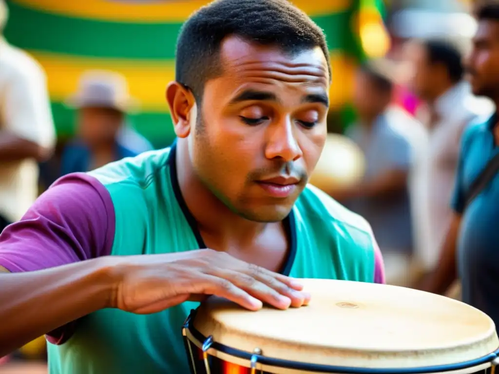 Un músico experto tocando la cuíca en un bullicioso mercado brasileño, cautivando a la multitud con el origen y sonido del cuíca