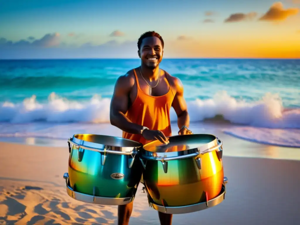 Un músico experto toca el steel drum caribeño en una playa tropical al atardecer, rodeado de colores vibrantes