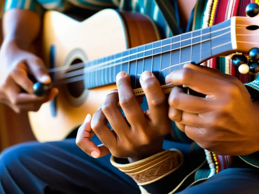 Un músico experto toca el charango andino, creando una sonoridad única en música andina