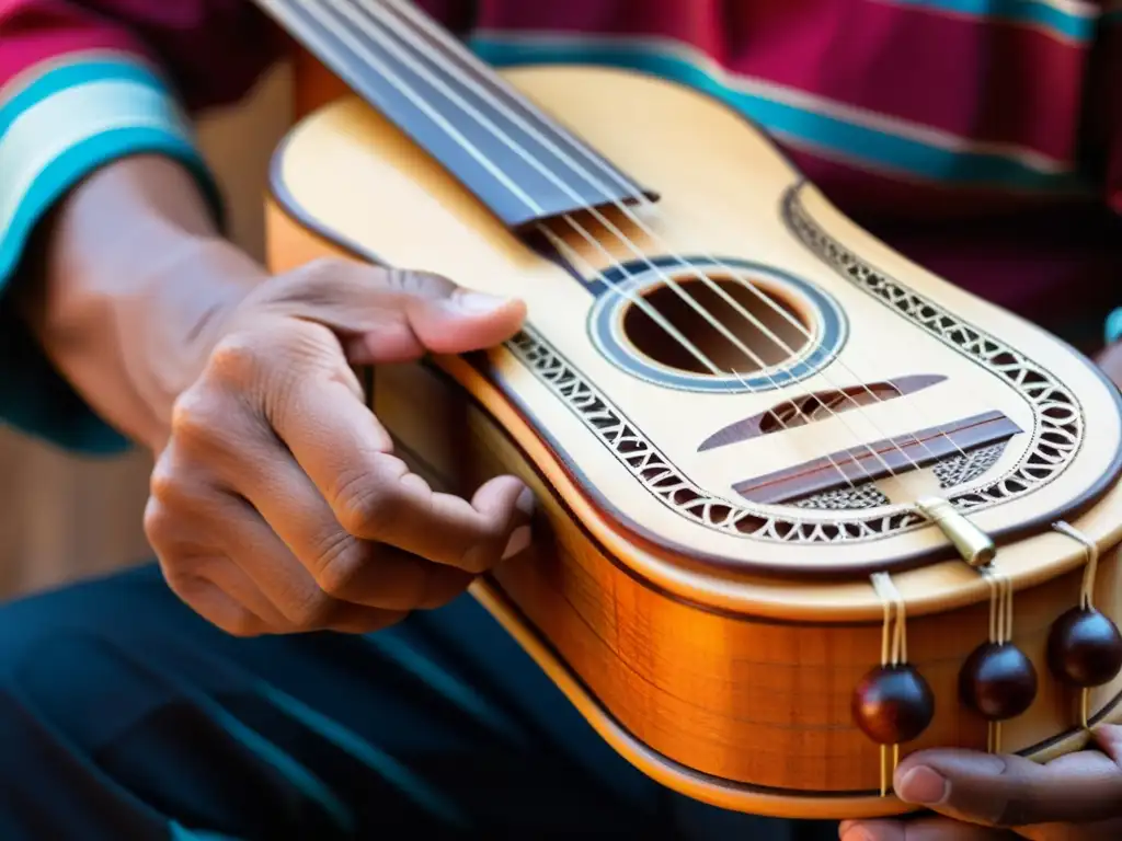 Un músico experto toca el charango, mostrando destreza y tradición en la música andina